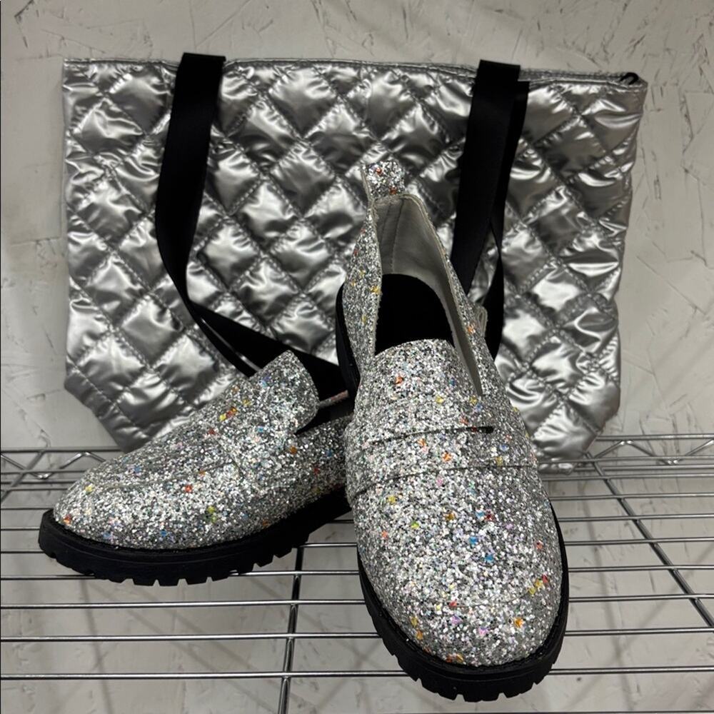 Silver Sparkly Glitter Loafers & Matching Silver Tote Size UK 40 US 8.5 - 9 Glam